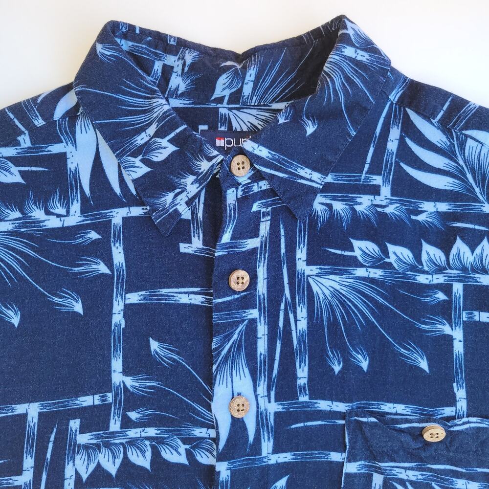 Puritan Hawaiian Aloha Shirt Men L Blue Tropical Print Rayon Beach Vacation EUC